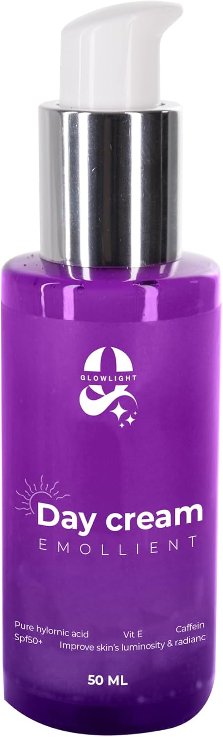 Glowlight Day Cream with SPF 50, Moisturizing & Brightening, UV Protection, with Hyaluronic Acid, Panthenol, Shea Butter, Aloe Vera, Licorice Extract, Niacinamide, Vitamin E, Caffeine